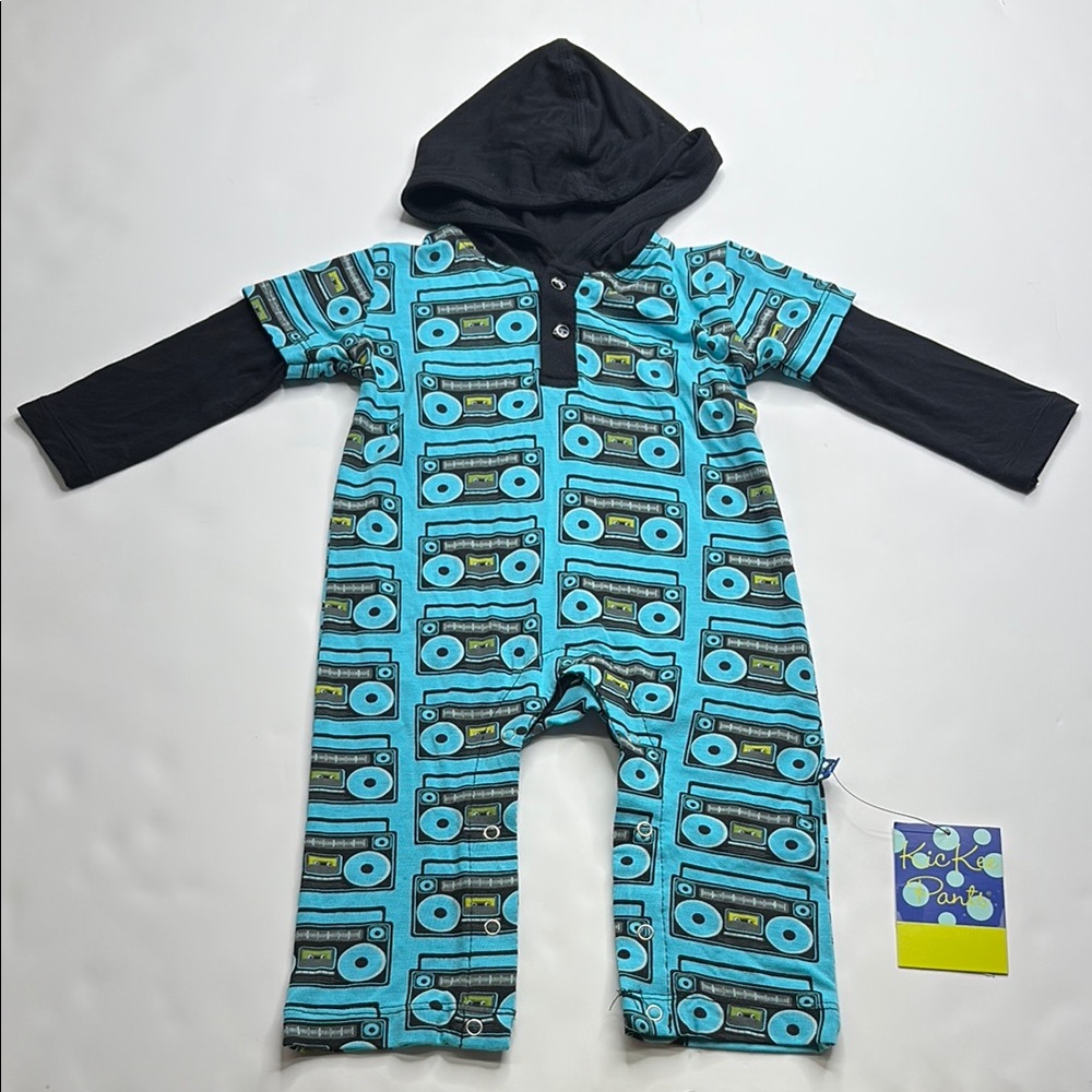 Kickee Pants Blue and Black Footies with Geometric Pattern